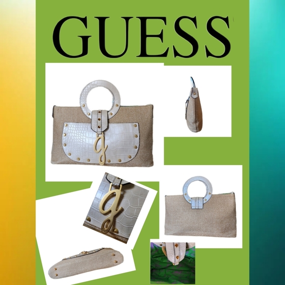Guess Handbags - VINTAGE GUESS WOVEN STRAW / BEIGE MOC CROC DETAILED TOTE BAG